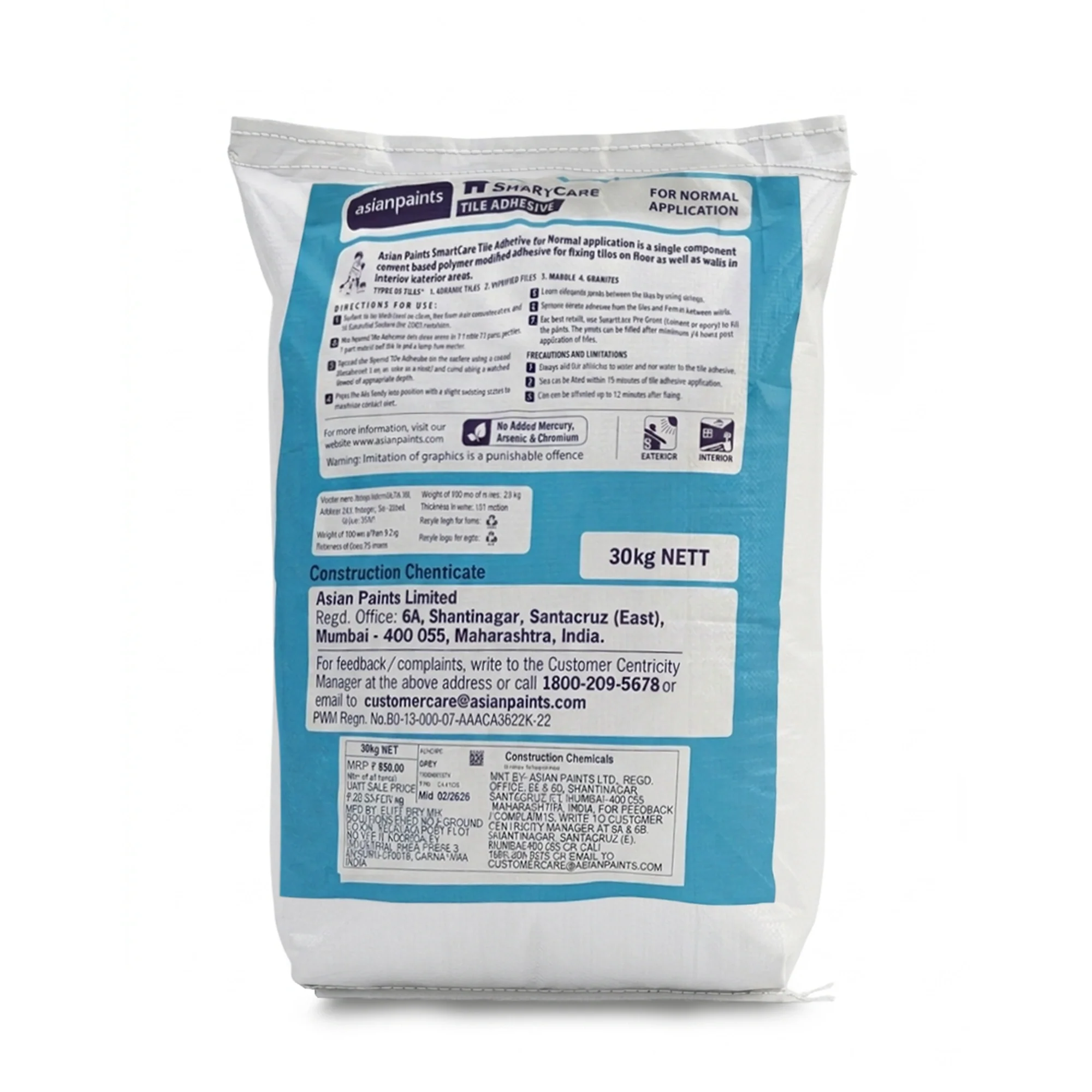 Asian Paints SmartCare Tile Adhesive, Grey, 30 Kg Bag - Image 2